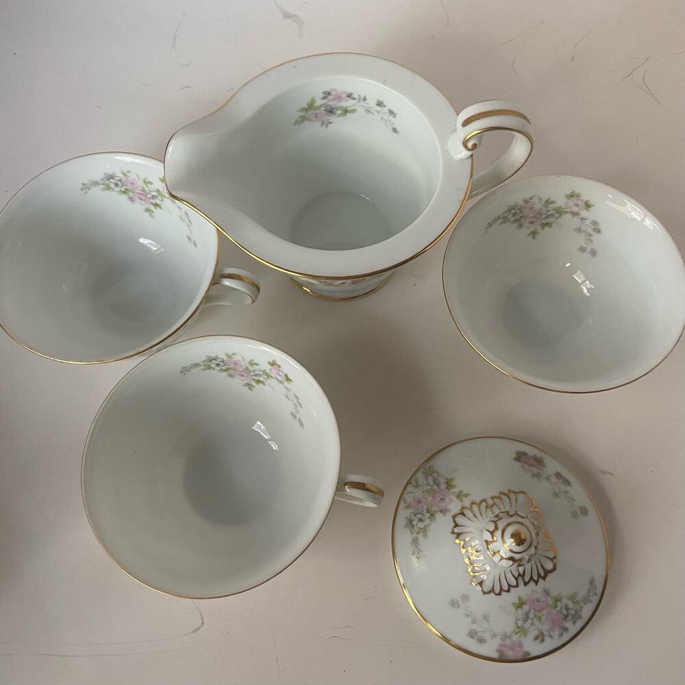 Noritake Touraine Rose China Creamer, Sugar Bowl Lid only & 3 Tea Cups